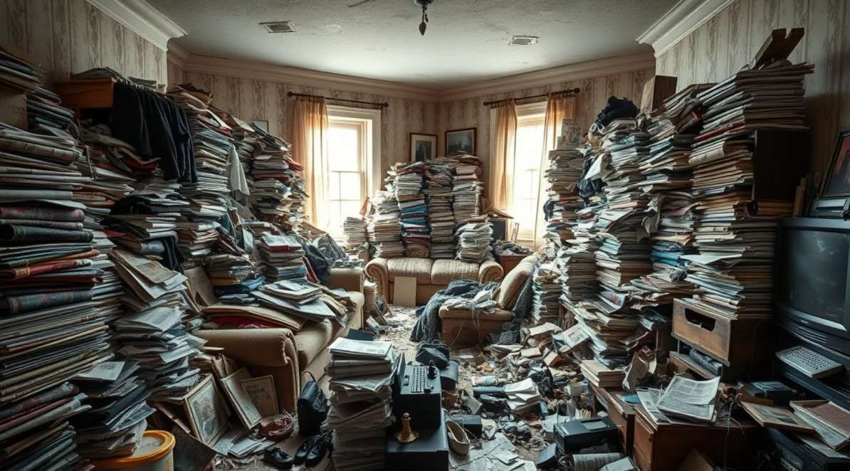 Inside a hoarder house showing cluttered rooms
