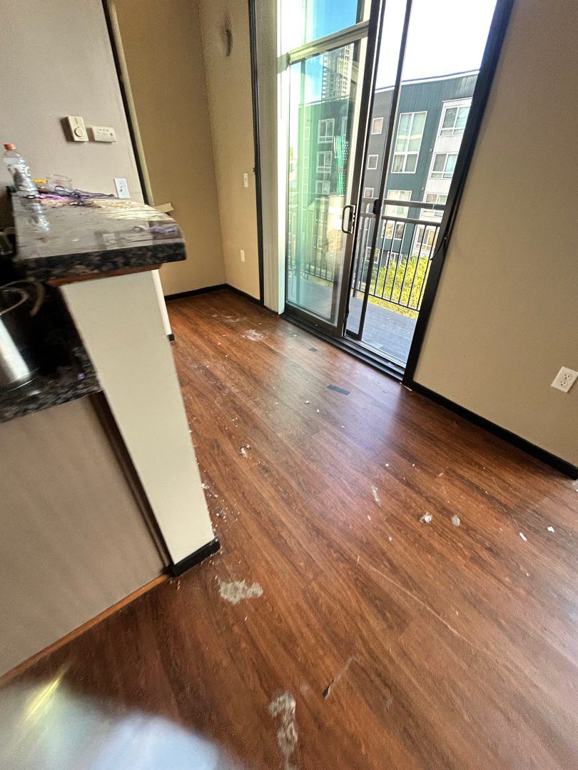 Apartment kitchen and entryway cleared of junk and swept clean at Moda Apartments, Seattle