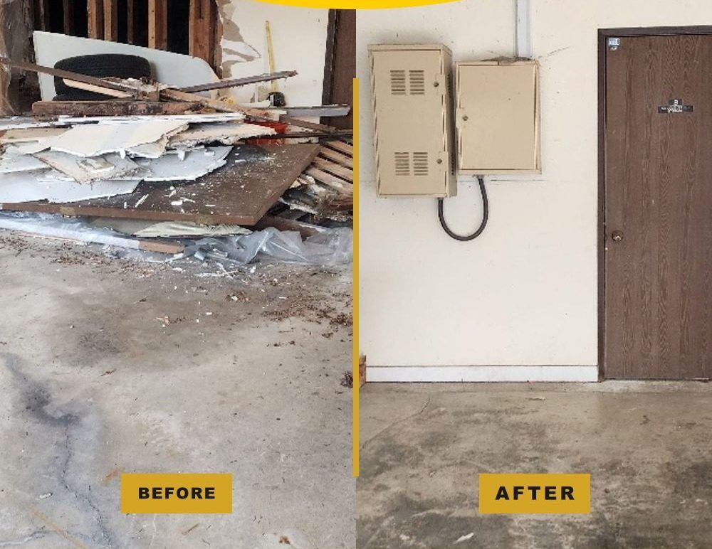 Before and after: drywall and lumber debris hauled from a Bothell garage