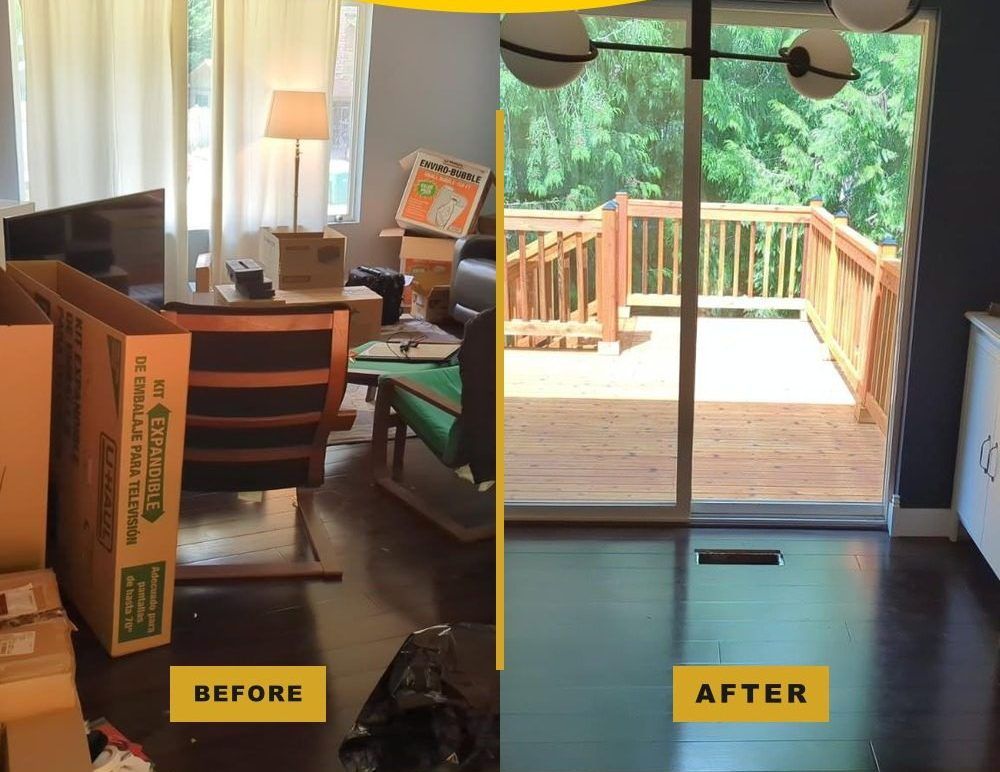 Before and after: a Bothell living room cleared of furniture and boxes