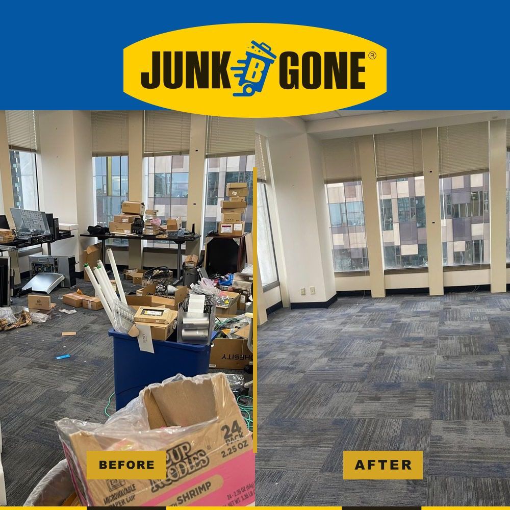 High-rise office cleanout in Seattle - Junk B Gone cleared desks, boxes, and e-waste from a downtown corner floor for lease hand-back