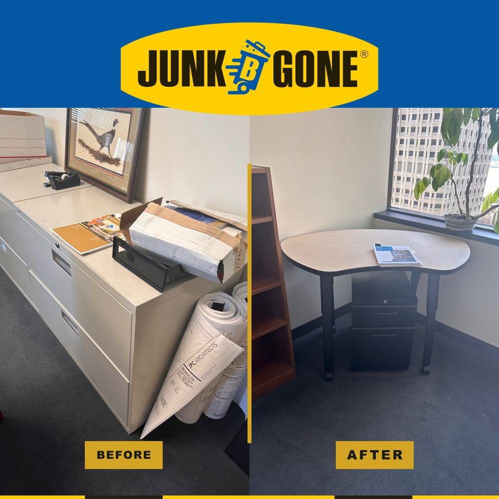 Downtown Seattle high-rise workspace cleanout - Junk B Gone cleared a cluttered office to a clean skyline desk for lease hand-back