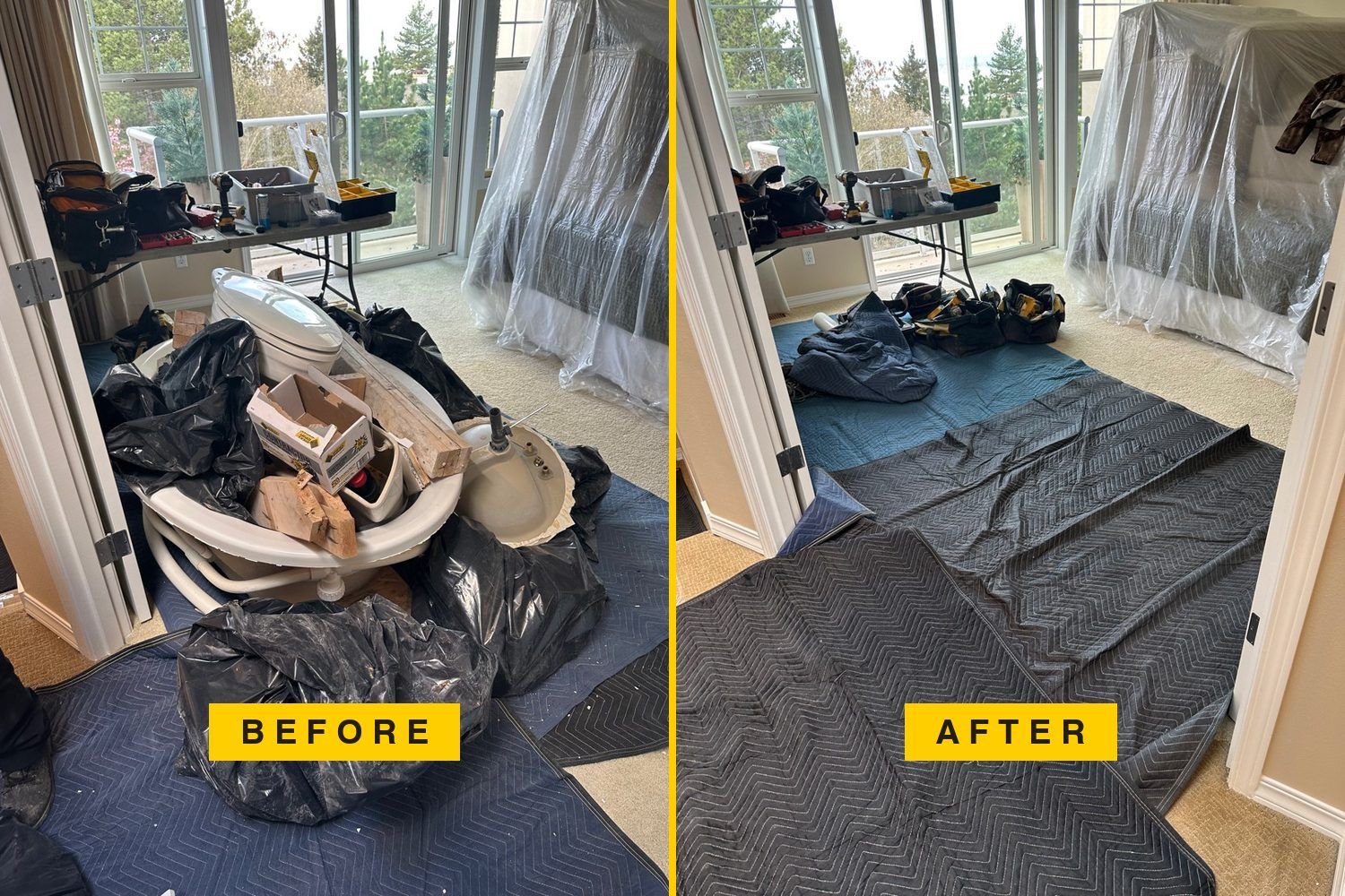 Before and after: an old bathtub, sink and bags of debris on moving blankets in a bedroom, then the blankets with the debris gone