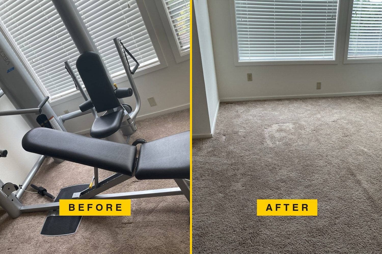 Before and after: a multi-station weight machine in a carpeted room with tall windows, then the same room empty