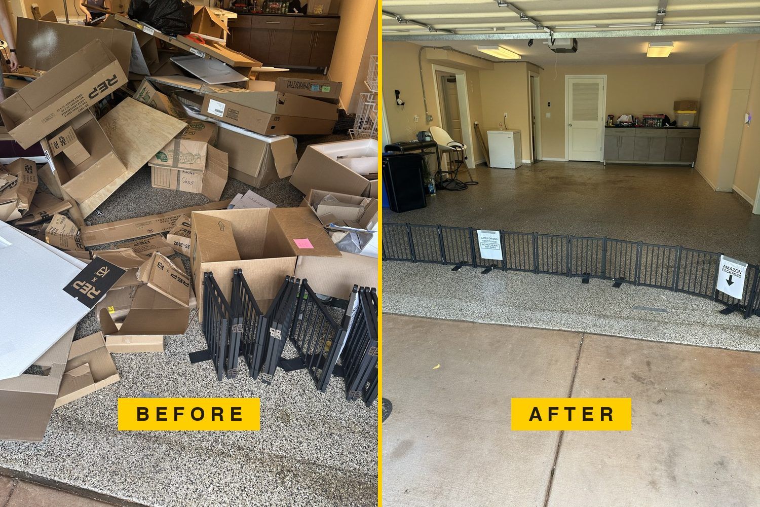 Before and after: a garage floor buried in flattened moving boxes and packing foam, then the same garage swept clean