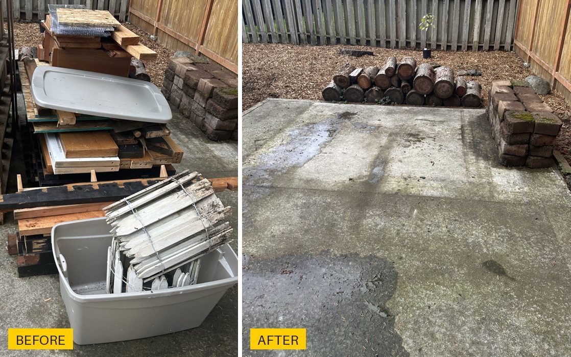 Before and after: scrap lumber and pallets cleared from a Maple Valley patio