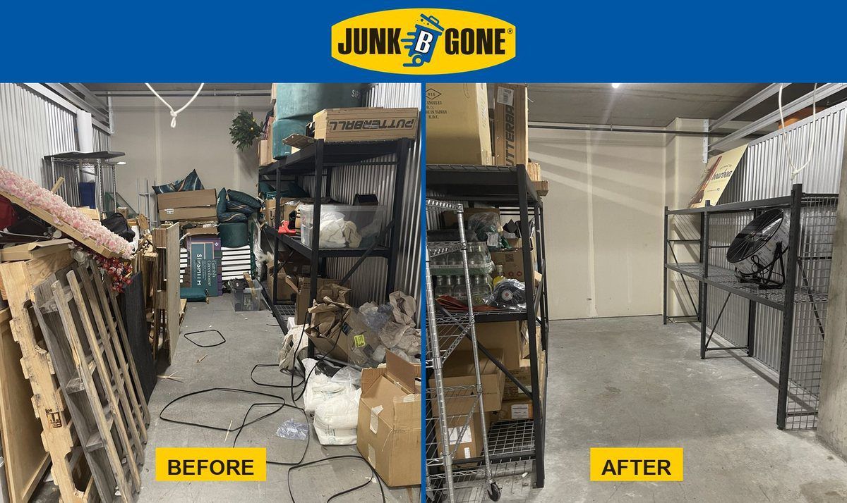 Sort and Haul Day in Seattle - one storage room photographed before and after the Junk B Gone crew sorted and shelved it
