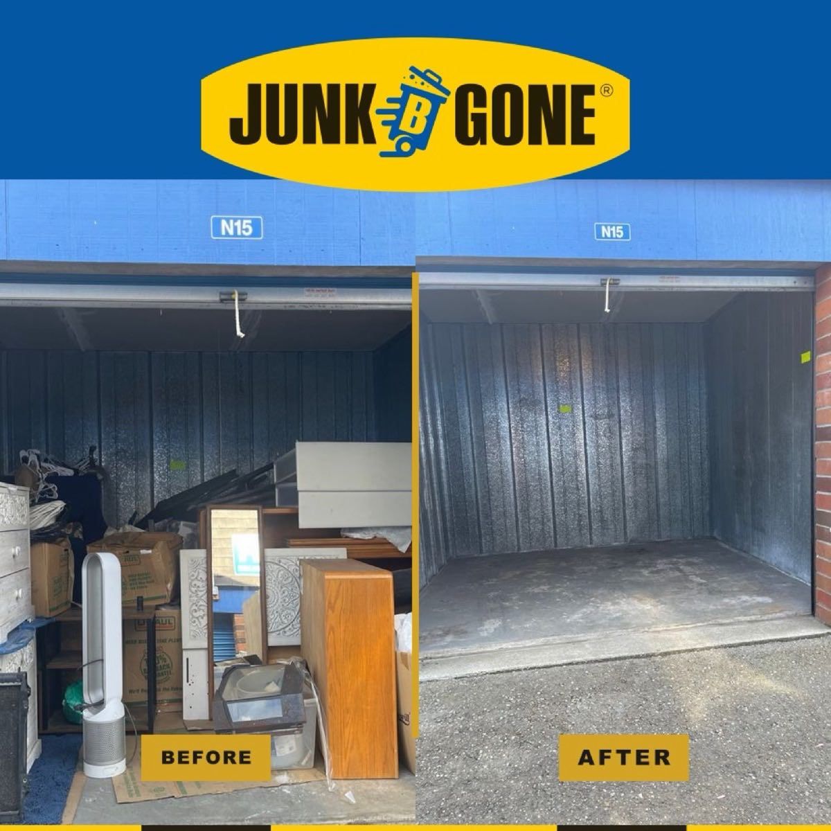 Storage unit in Kent, Washington, photographed before and after the Junk B Gone crew cleared it in one visit