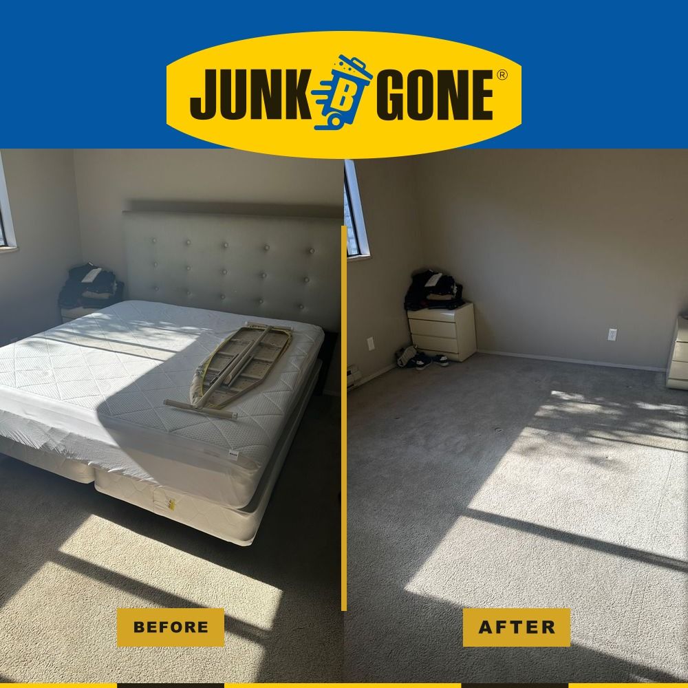 A bedroom with a queen bed and mattress before removal, and the same room empty and clean after.