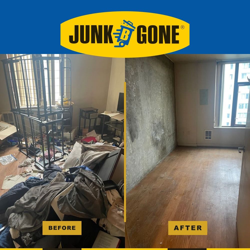 A bedroom packed with furniture and belongings, then the same unit emptied and broom-clean.