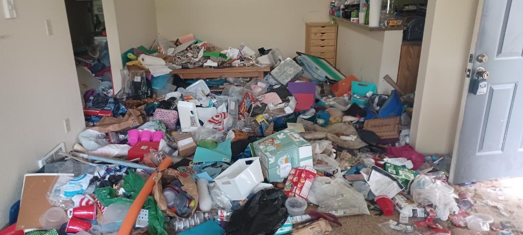Living room of an apartment completely full of trash