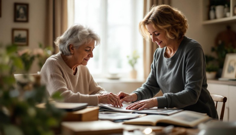 Family member and estate professional carefully sorting through keepsakes and photo albums